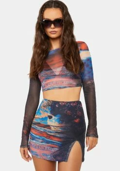 Pretty Garbage Scenic Print Mesh Slit Mini Skirt