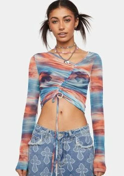 Pretty Garbage Long Sleeve Crop Top Sunset Mesh Drawstring Ruched Top