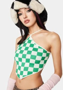 Pretty Garbage Green Checkered Open Back Halter Top Crop Halter Top
