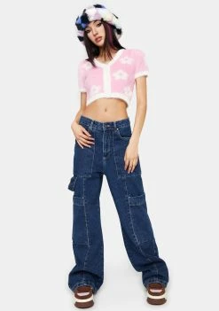 Pretty Garbage Knit Cardigans Pink Fuzzy Floral Sweater Top