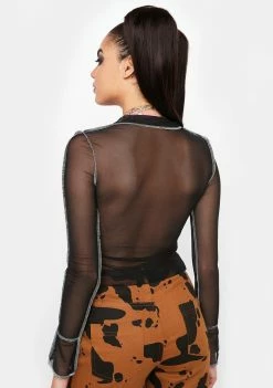 Pretty Garbage Contrast Stitch Mesh Blouse Tops