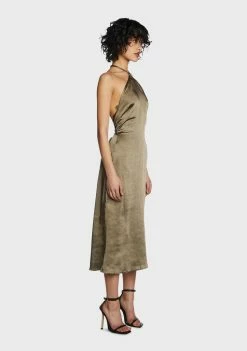 Pretty Garbage Olive Satin Halter Neck Midi Dress