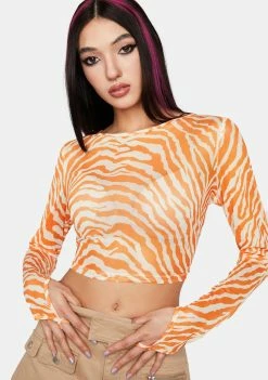 Pretty Garbage Tiger Print Mesh Crop Top Sheer Crop Top