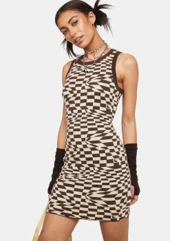 Pretty Garbage Checkered Print Sleeveless Sweater Mini Dress