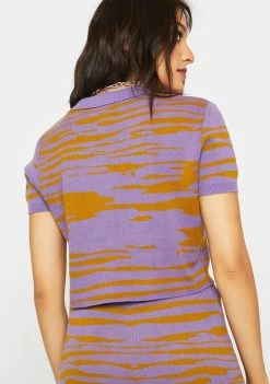 Another Girl Tops Lilac Abstract Knit Polo Crop Top