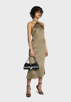 Pretty Garbage Olive Satin Halter Neck Midi Dress