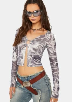 Pretty Garbage Swirl Print Mesh O-Ring Top Mesh Shirt