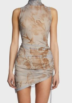 Pretty Garbage Sleeveless Printed Mesh Ruched Dress