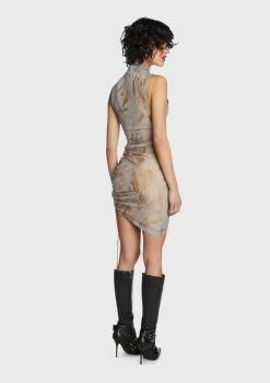 Pretty Garbage Sleeveless Printed Mesh Ruched Dress