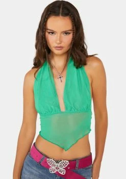 Pretty Garbage Crop Halter Top Asymmetrical Hem Mesh Halter Top