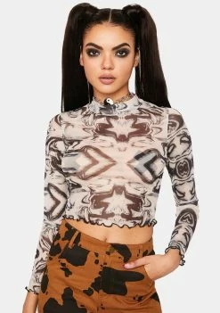 Pretty Garbage Swirl Mesh Mock Neck Top