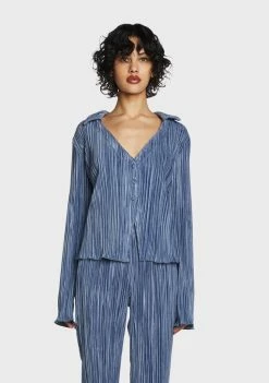 Pretty Garbage Blue Plisse Knit Collared Shirt Tops