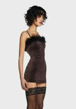 Pretty Garbage Brown Faux Fur Trim Mini Dress