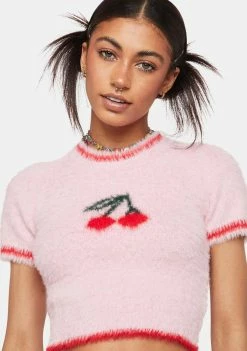 Pretty Garbage Cherry Fuzzy Crop Sweater Top Crop Tee