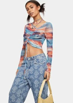 Pretty Garbage Long Sleeve Crop Top Sunset Mesh Drawstring Ruched Top