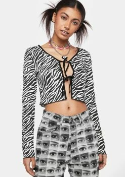 Pretty Garbage Zebra Print Ribbed Knit Tie Top