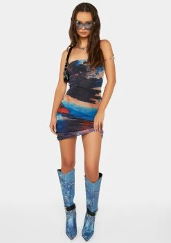 Pretty Garbage Dresses Scenic Print Mesh Strapless Mini Dress