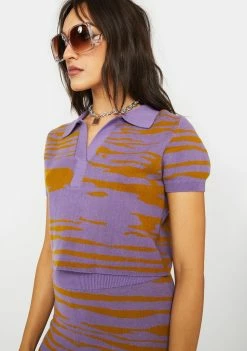 Another Girl Tops Lilac Abstract Knit Polo Crop Top